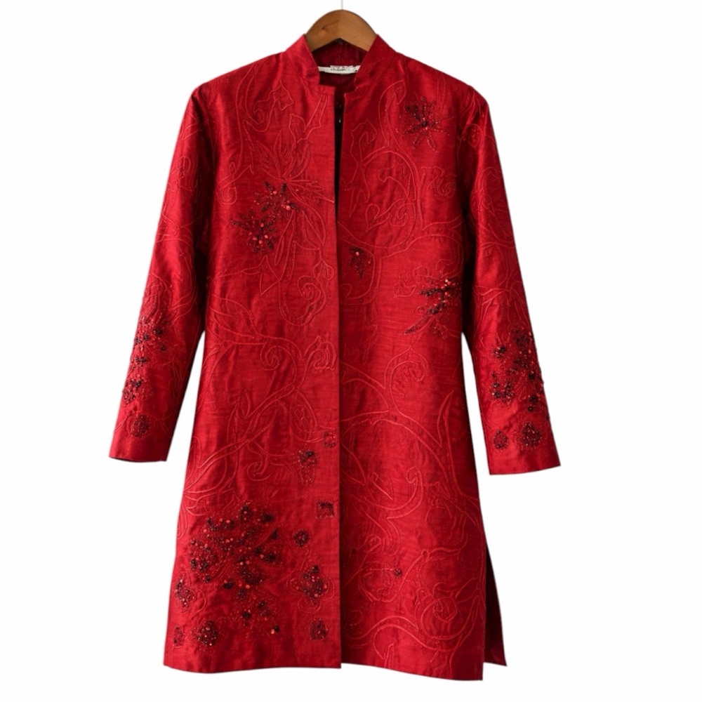 100% Silk Embroidered Red Tunic Jacket S Made in India Beaded Detail ANAGE